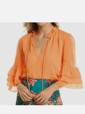 Alice + Olivia Bright Orange Textured Ruffle-Sleeve Blouse